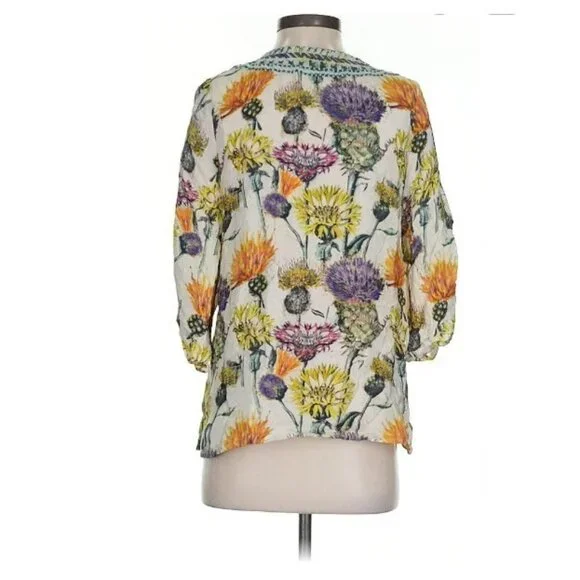 Tolani Floral Boho Tunic Top Womens Size Small Tassel Tie V Neck Sheer India - Picture 4 of 12